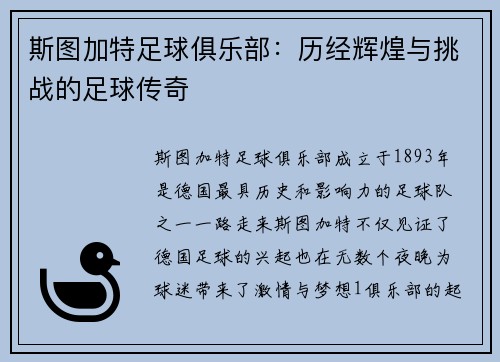 斯图加特足球俱乐部：历经辉煌与挑战的足球传奇