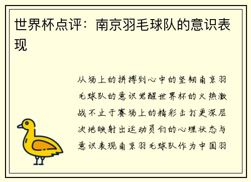 世界杯点评：南京羽毛球队的意识表现