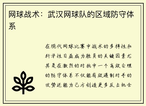 网球战术：武汉网球队的区域防守体系
