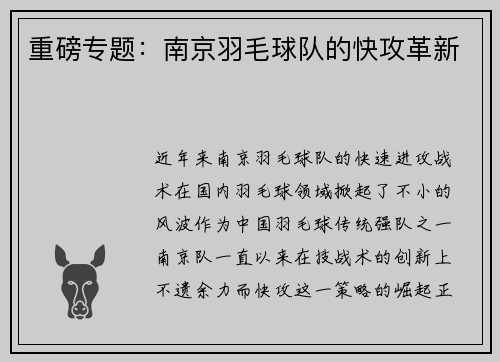 重磅专题：南京羽毛球队的快攻革新