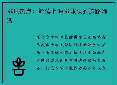 排球热点：解读上海排球队的边路渗透