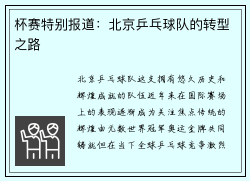 杯赛特别报道：北京乒乓球队的转型之路